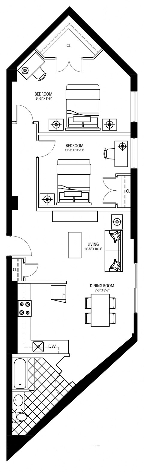 Floor plan for 2 beds, 1 bath, 1065 sqft
